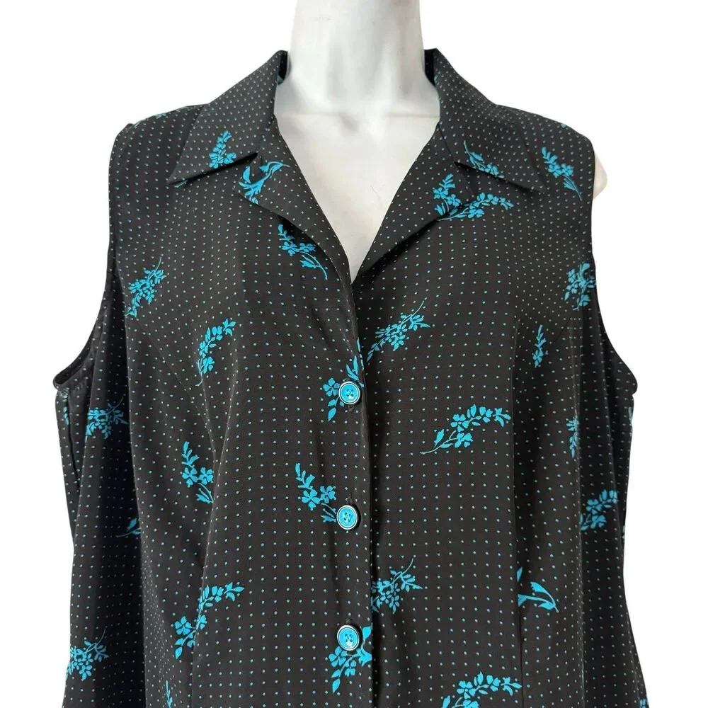 Studio I Shirt Dress Womens 12W Black Blue Floral Polka Dot Sleeveless Cottage